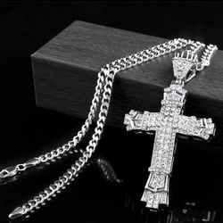 Uniquely Crafted 14K White Gold-Plated Cubic Zirconia Cross Pendant With 24"Chain Necklace