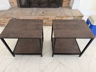 Matching Pair of Rustic Industrial End Tables with Storage Shelves – Great Condition