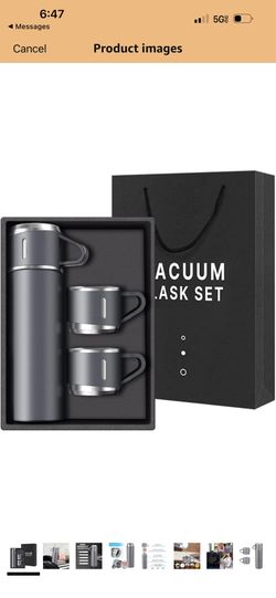Coffee Thermo Stainless Steel Vacuum-Insulated Water Bottle, 500ml/16.9oz Insulated Bottle with Cup for Hot & Cold Drink Travel Mug (Gray, Three Cup)