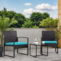New 3-Pieces Modern PE Rattan Chair Patio Furniture Conversation Sets Patio Set Bistro Set for House Porch Garden Backyard Outdoor New in box T LCRC