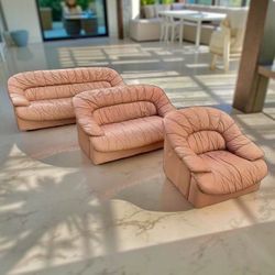 Vintage Art Deco Blush Leather 3-Piece Seating Set | 2 Sofas + Loveseat