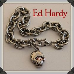 ED HARDY Tattoo Skull Charm Bracelet On Stainless Steel Chain 