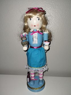 Alice In Wonderland Cat Bottle Drink Pink Blonde 14" Christmas Wooden Nutcracker