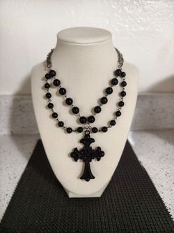 Handmade beaded gothic alternative big metallic cross necklace
