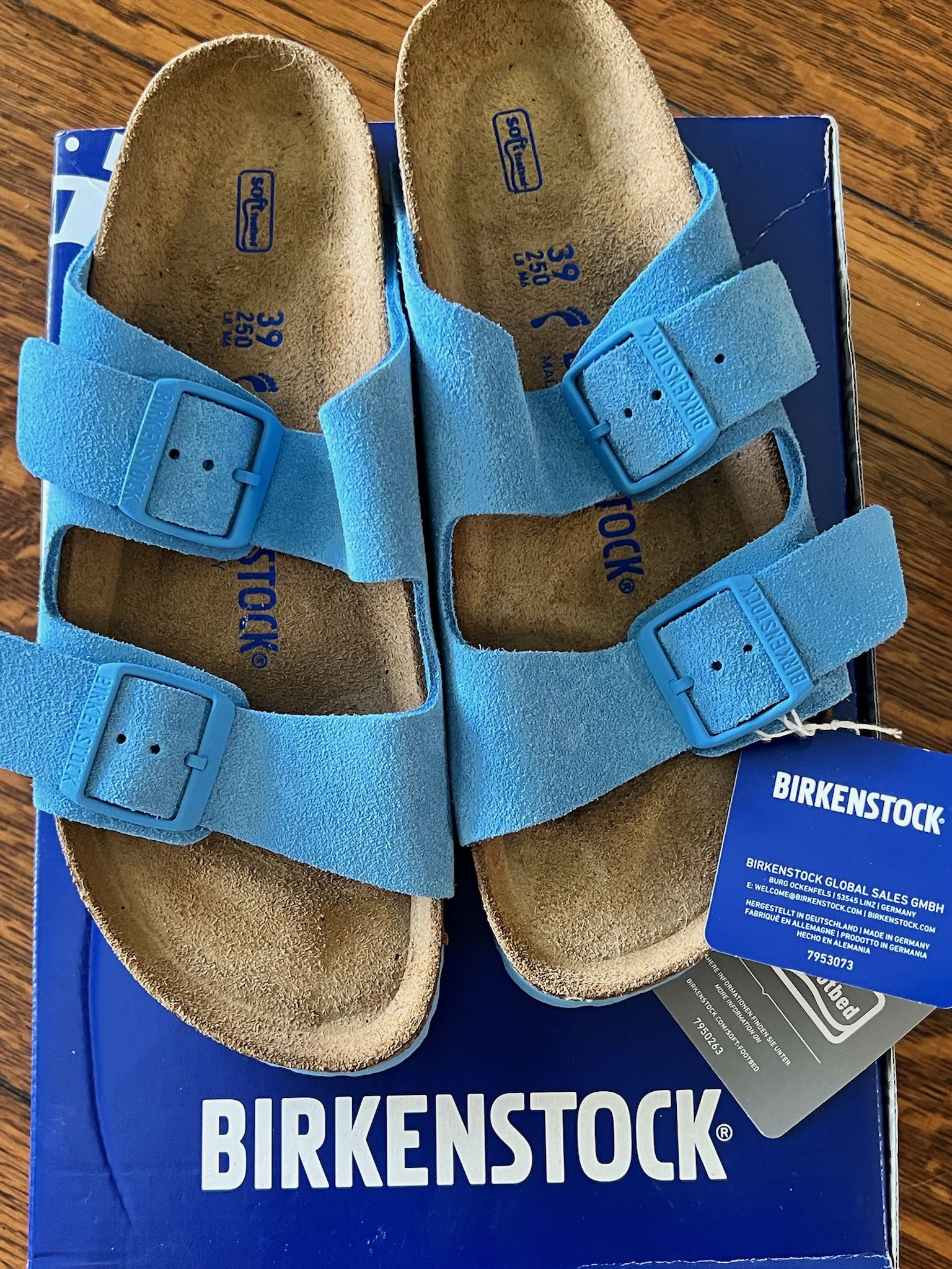 Birkenstock New Arizona Sky Blue Suede Soft Footbed Sandal