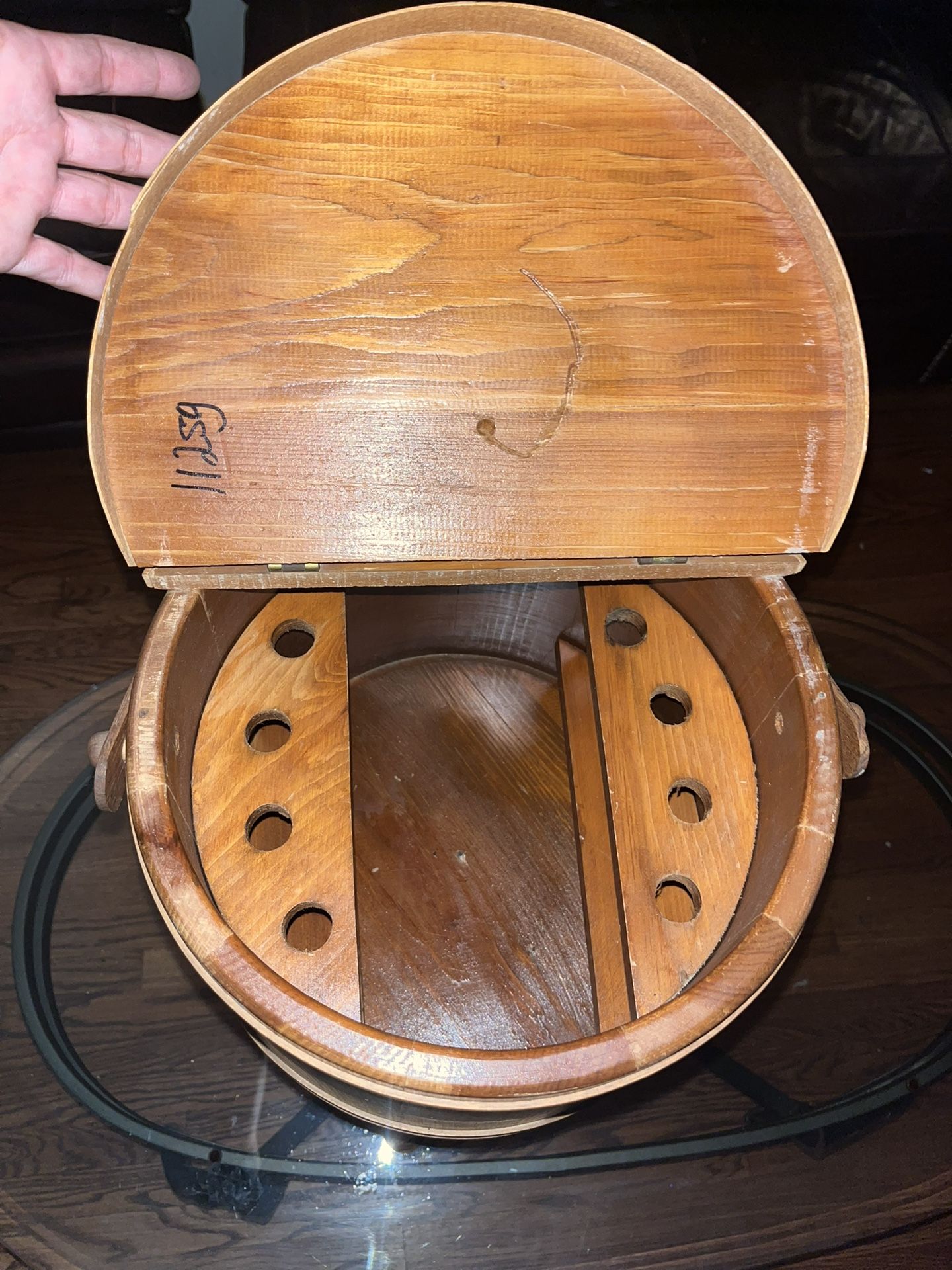 Sewing Basket Bucket Vintage Wood Firkin Stand 3 Legs Tripod Primitive holder