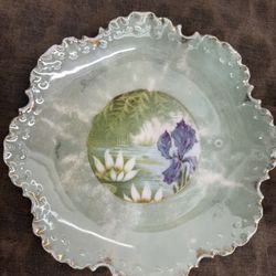 Antique Rosenthal Monbijou Porcelain Bowl Green Luster Scalloped 1890’s