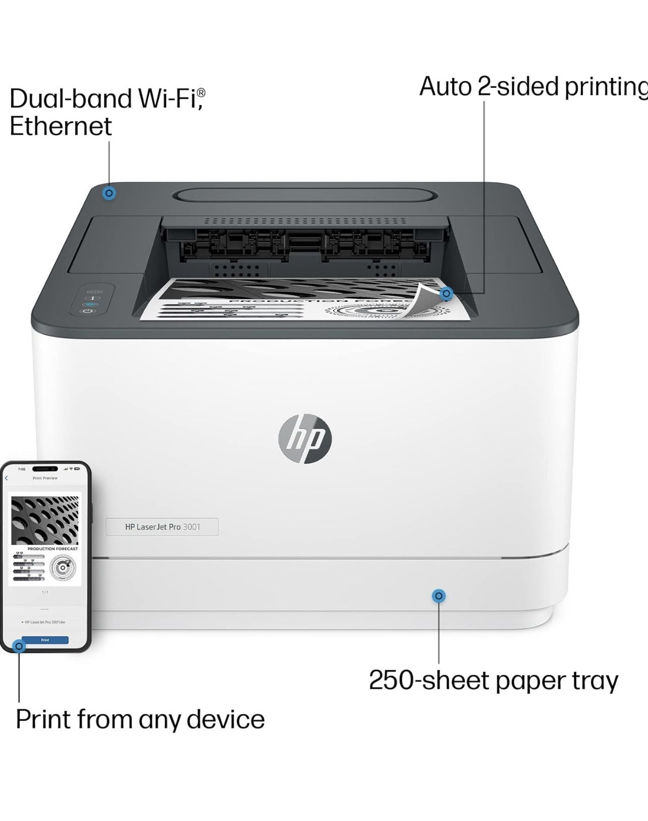 HP LaserJet Pro 3001dw Wireless Black & White Printer, Best-for-Office (3G65OF)