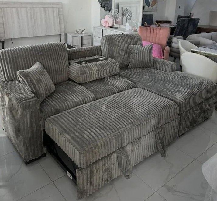 Corduroy Sectional Sleeper Sofa Bed With Pull Out 