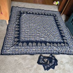 Vintage Deep blue with gold thread embroidered table cloth