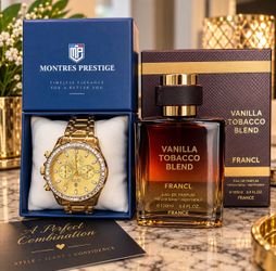 Men’s Gold Luxury Watch & Vanilla Tobacco Blend 100ML Eau de Parfum Gift Set