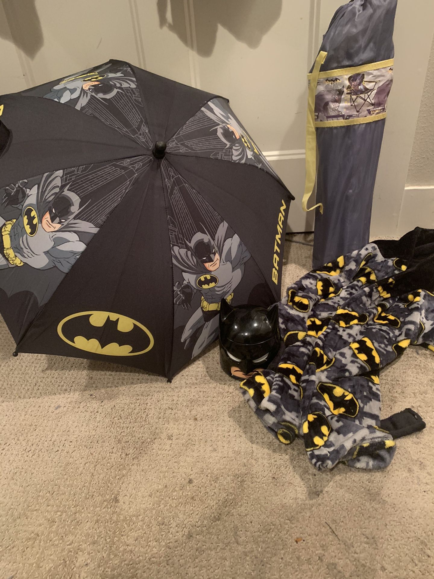 Selling Batman stuff-umbrella, Batman head container-foldable kids chair & bathrobe / $30