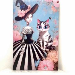 Whimsical Witch With Kitty Cat Wall Art 💫Like New