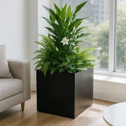 20'' Cube Metal Planter Steel Planter Box Black Steel Flower Pot with Saucer Partition Panel for Trees Plants Flowers Indoor Outdoor Garden Patio Deck