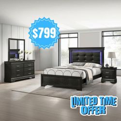 🍀 Bedroom Set Queen Black 4-Pcs 