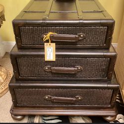 Havertys Leather Suitcase Stacked Luggage Side Accent Table 