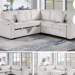 $550.  Sectional Pull Out Bed With Storage USB Cup Holder Available,I Ivory,Dark Gray,Corduroy