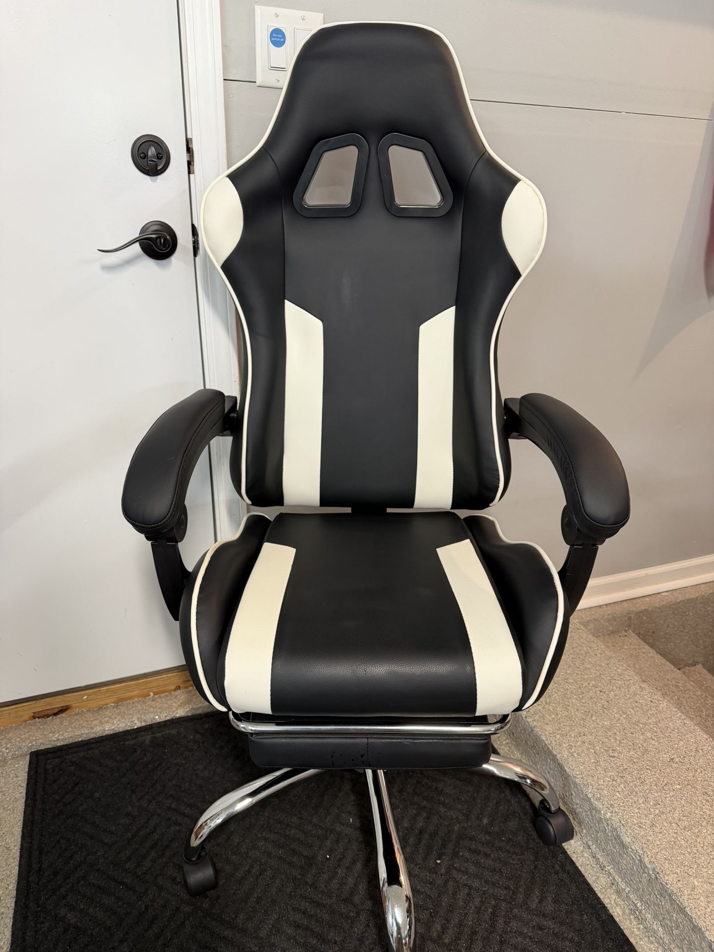 Brand New Black/White Tall Back Height Adjustable Reclining Gaming Chair w/Slide Out Footrest