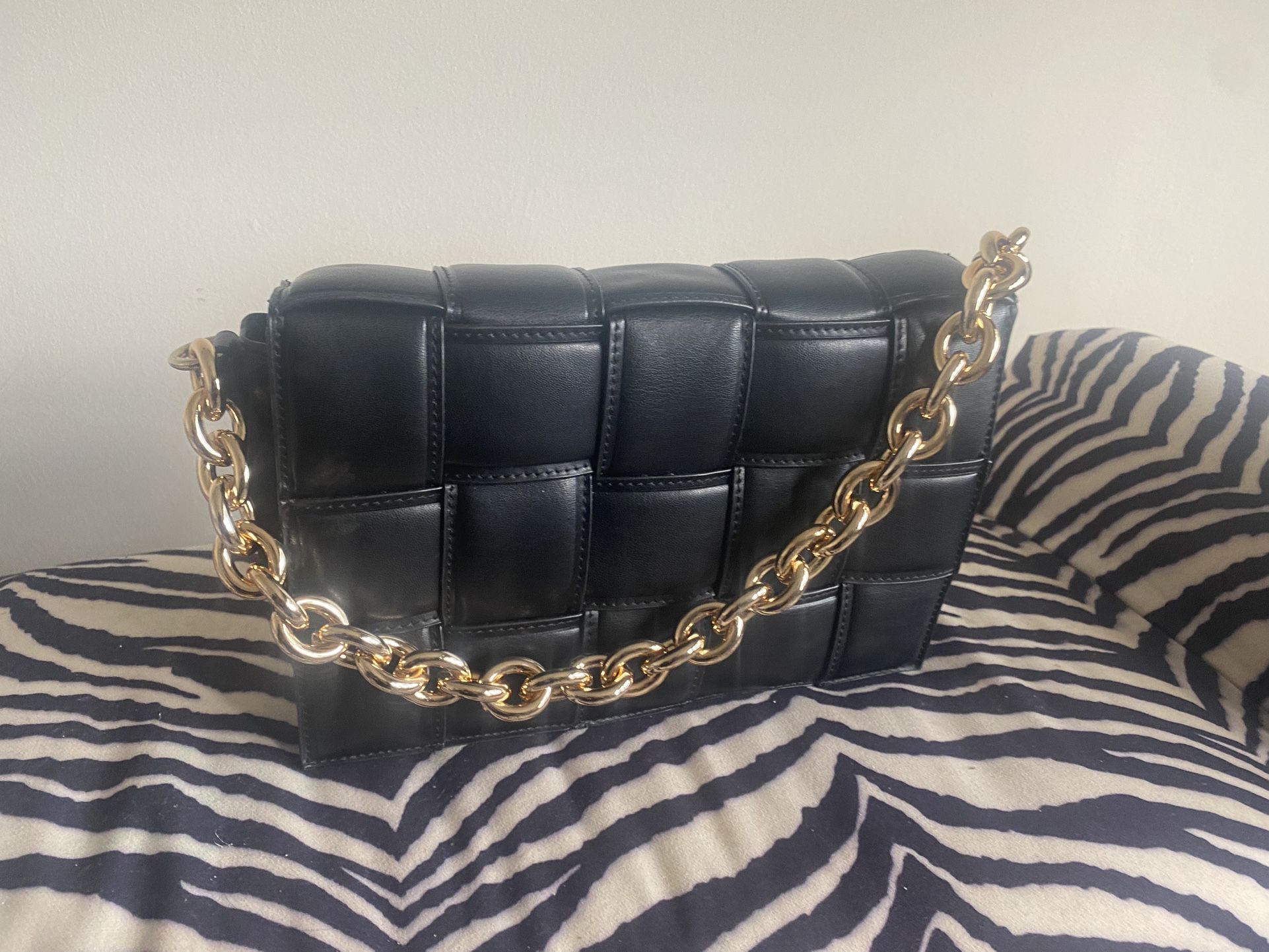 Gold Chain Faux Leather Woven Cross Body Purse