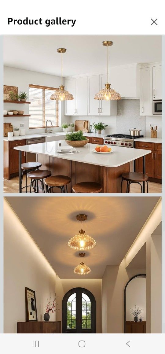 Mgcanyu Amber Glass Pendant Lights, 2Pack Brushed Gold Lighting 11.8" Glass Light Fixtures Modern Glass Chandelier Vintage Hanging Ceiling for Kitchen