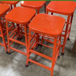 2 Neon Orange Metal Office Home Or Shop Stools! Only $20 Ea!