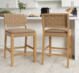 Cohen 24 in. Natural Brown Wood Mid-Century Faux Leather Counter Height Bar Stool, with Woven Back for Kitchen, Set of 2