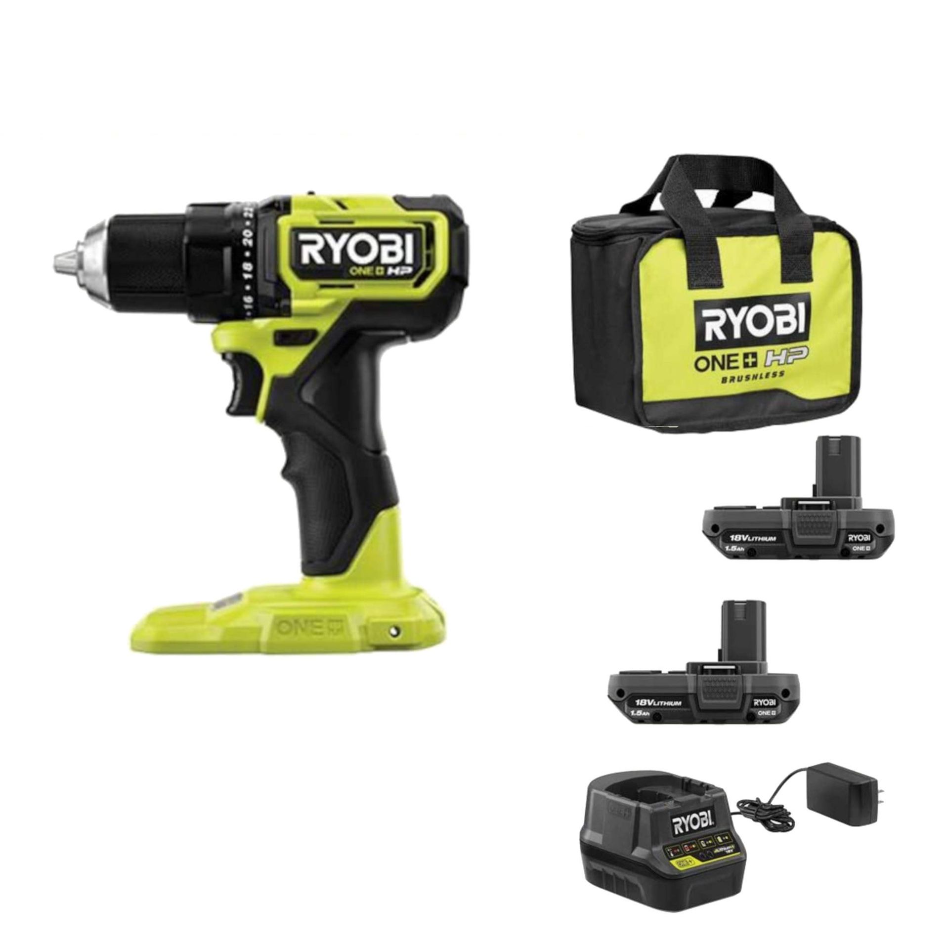 New in box RYOBI ONE+ HP 18V Brushless Cordless Compact 1/2 in. Drill/Driver Kit with (2) 1.5 Ah Batteries, Charger and Bag Compact Size at 6.4" and