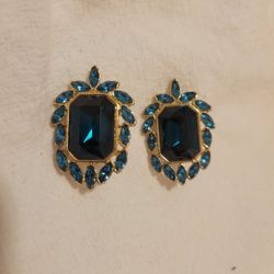 Large Art Deco Vintage Green glass Gem Clip On Earrings