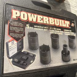 Powerbuilt Spindle Nut Socket Tool Kit, 5 Piece, Remove Spindle Nuts, Various Size Lug Out Spindle Sockets, Size Markings, Storage Case - 648636, Blac