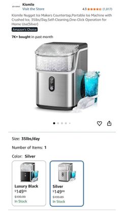 Kismile Nugget Ice Makers Countertop,Portable Ice Machine with Crushed Ice, 35lbs/Day,Self-Cleaning,One-Click Operation for Home Use(Silver
