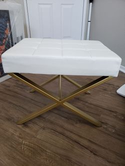 BRAND NEW. White Leather Tufted Ottoman with Gold X-Base