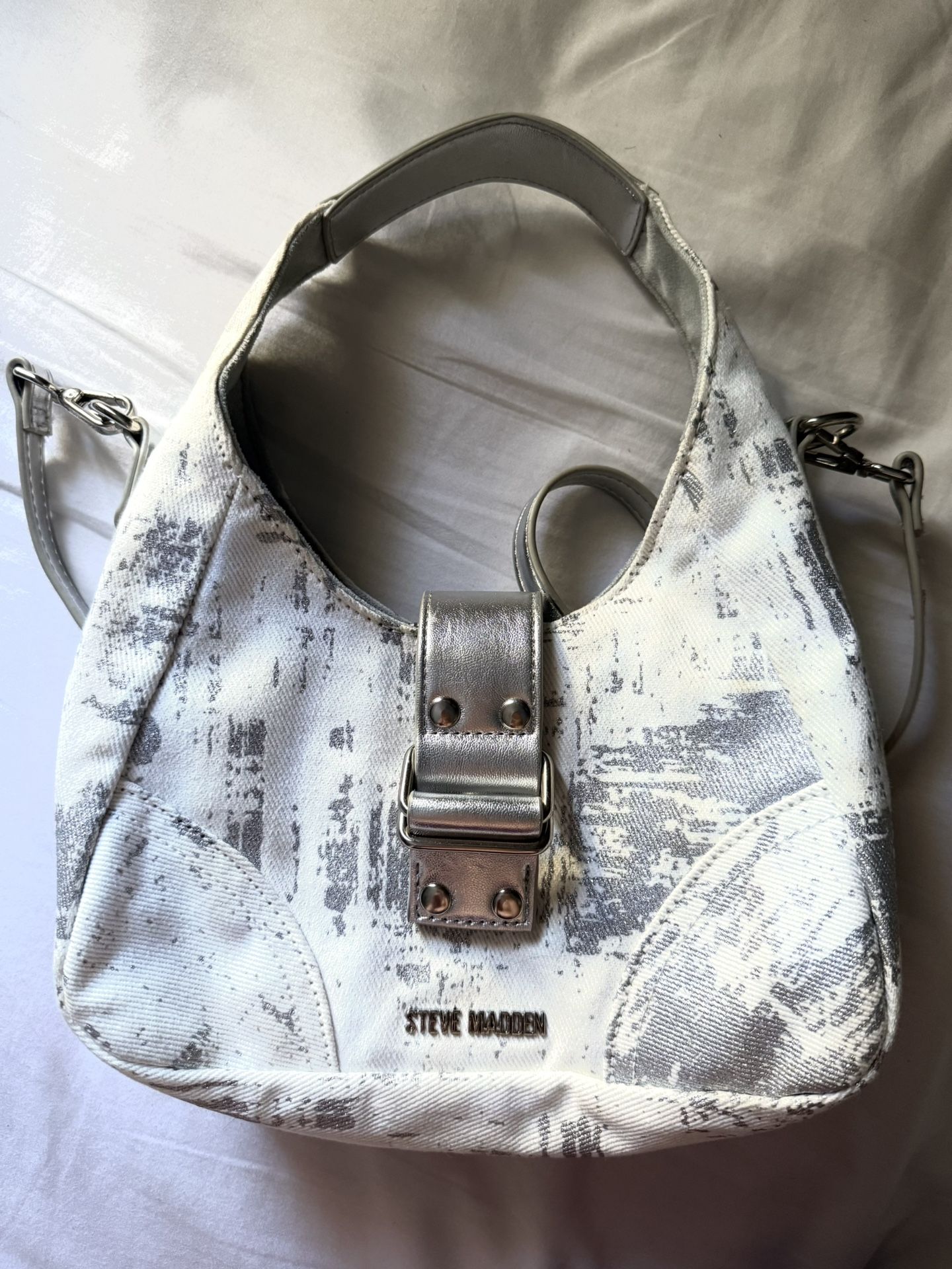 Steve Madden Denim Metallic Silver Gray Shoulder Hobo Handbag Purse Bag 90s Y2K