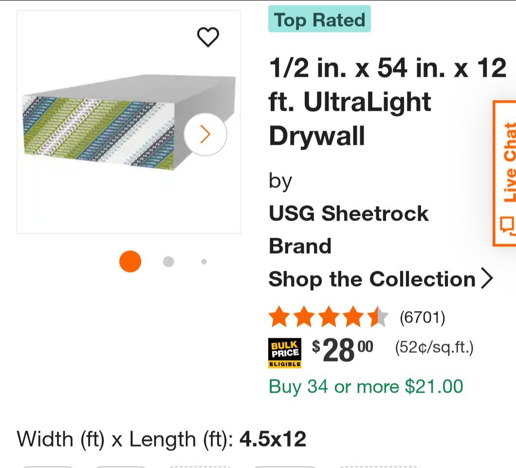 1/2 in 4.5 x 6 ft Sheetrock Drywall