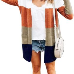 (all Sizes) Women's Striped Long Sleeve Open Front Knit Cardigan Casual Pullover Sweater