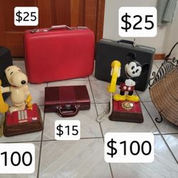 Vintage Mickey mouse & Snoopy phones, briecases, red/orange suitcase, cosmetic case, Rattan Wicker Firewood Fireplace Log Holder Carrier 17"w x 17"t  
