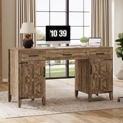SL0041 Farmhouse Executive Desk, 59-Inch Executive Computer Desk with File Drawers and Storage Cabinets, Rustic Writing and Study Desks for Home Offic