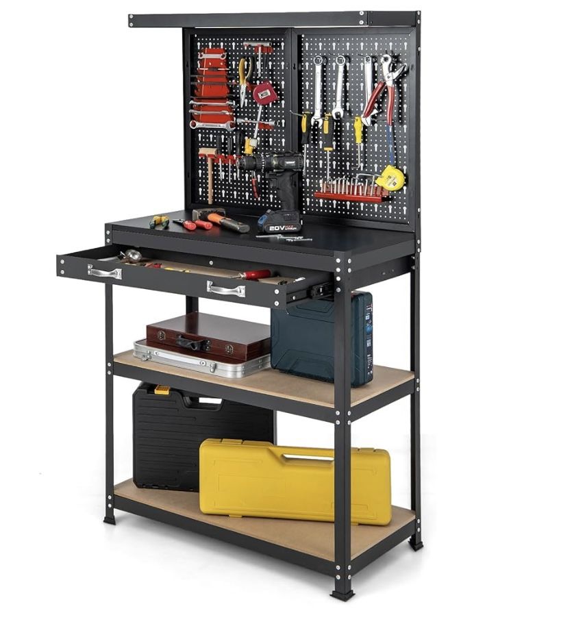Assembled New Workbench Work Table with Drawer Pegboard Hanging Accessories Topping Space