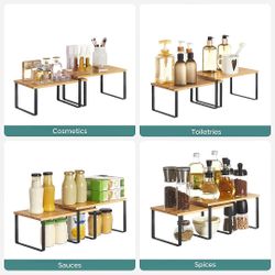 New Cabinet Organizer Shelf Set of 2 Kitchen Counter Shelves Storage Metal Wood Black Natural