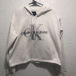Calvin Klein Women White Gray Logo Cropped Hoodie size L