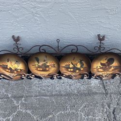  Vintage Hanging  Metal Wall Art With 4 Vintage Chicken Plates 