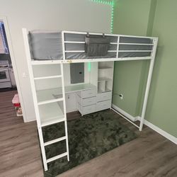 Bed Frame metal loft bed with a built-in desk, shelving unit, and LED lights