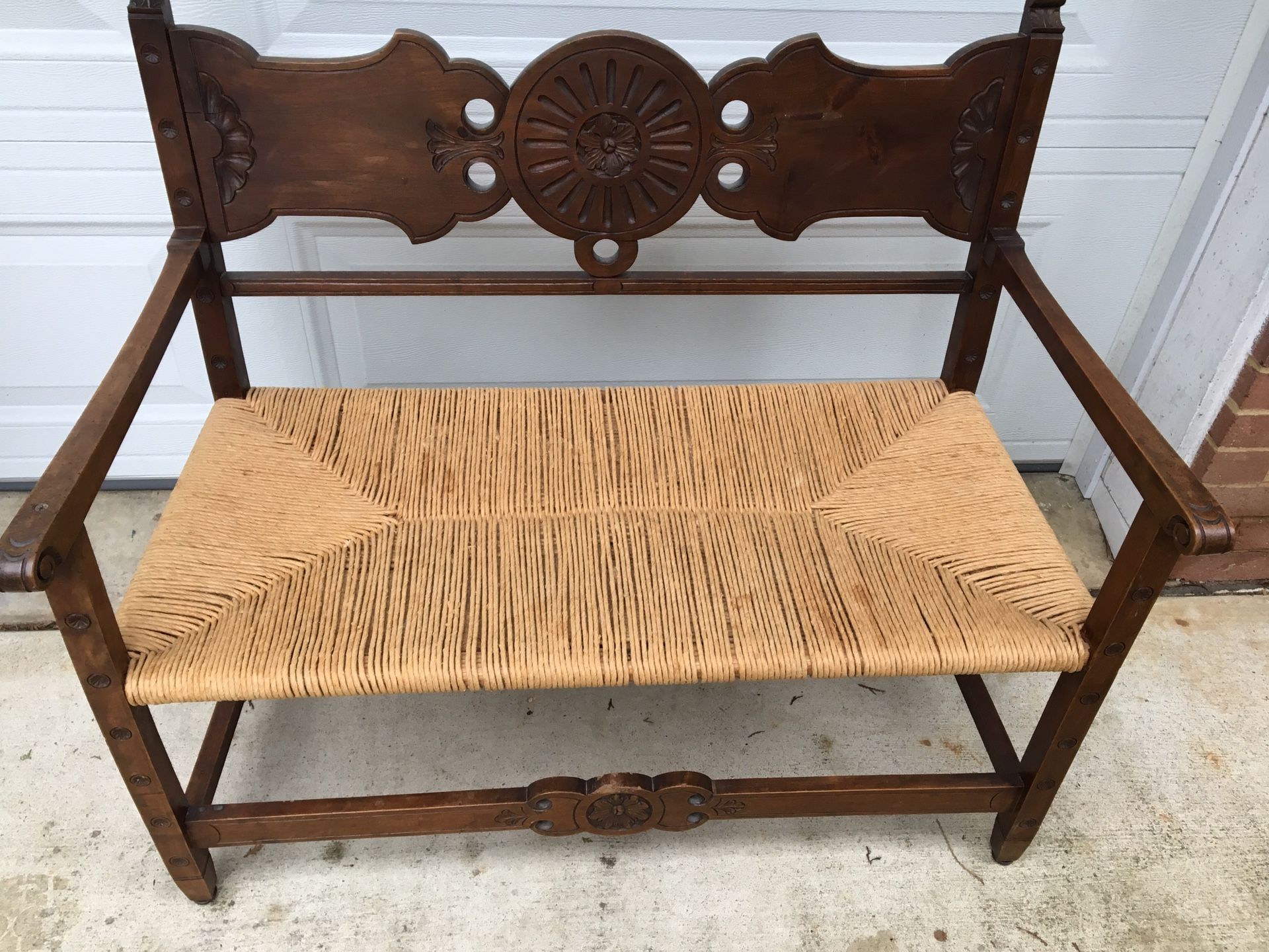 Vintage rustic bench rush seat