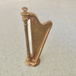 Vintage 1950s Miniature Brass Harp 4” Figurine Ornament Paperweight Dollhouse Decor Detailed Display Piece