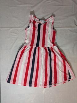 sleeveless children's dress with pink, red, white, and navy blue vertical stripes. Size  5