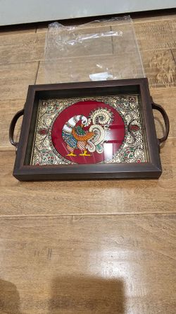 Vintage Tanjore Reverse Glass Painting Serving Tray – Handmade Peacock Motif Wood Frame