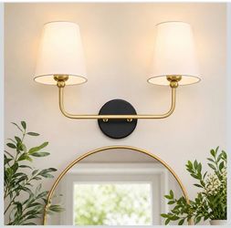 METWET 2-Light Black and Gold Bathroom Vanity Light, White Fabric Shades