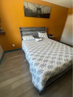 Queen Bed Frame with Gray Wood Headboard