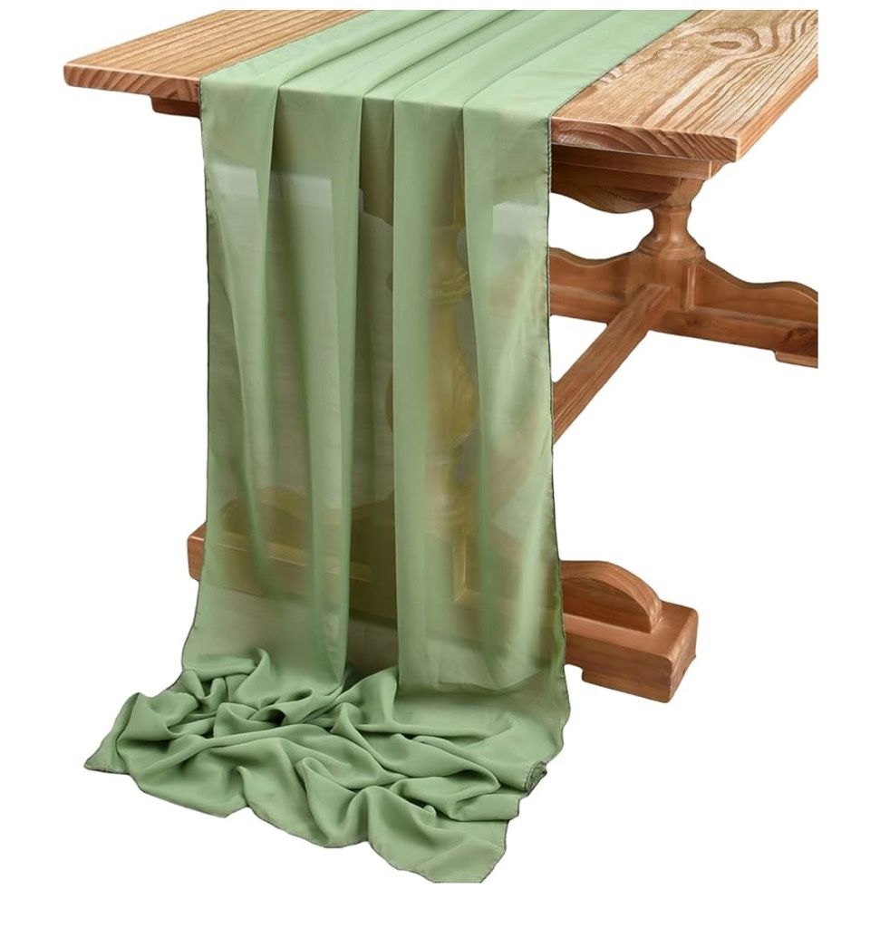 10ft long fabric is chiffon and the color is sage green.