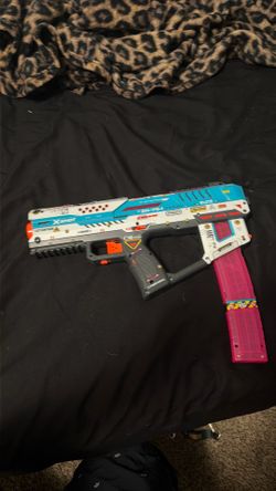 I’m selling a X shot Nerf gun it is blue and white and it has a pink magazine that holds 15 bullets
