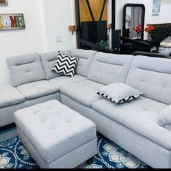 Brand New Light Grey Linen Sectional Sofa +Storage Ottoman (New In Box) 